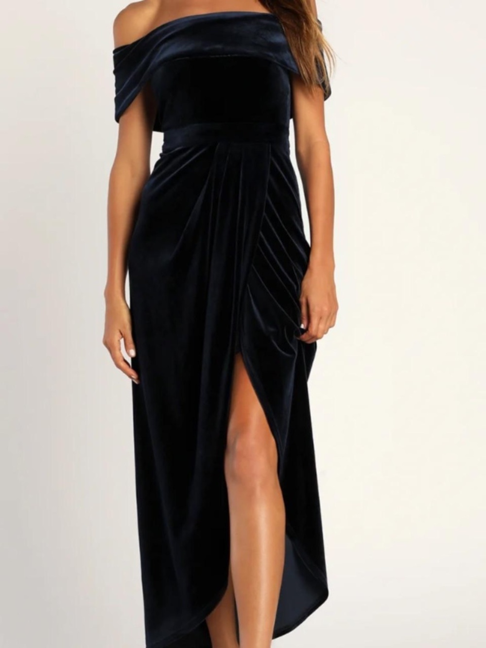 Lulus Navy Velvet Off-the-Shoulder Wrap Maxi Dress Slit XL NWOT